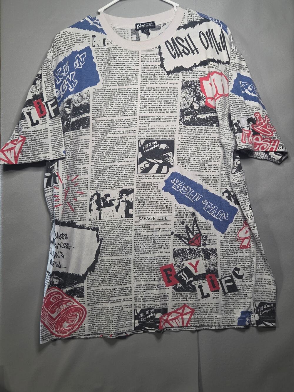 One Nation Newspaper Print T Shirt Mens White Black Red Blue Streetwear 141